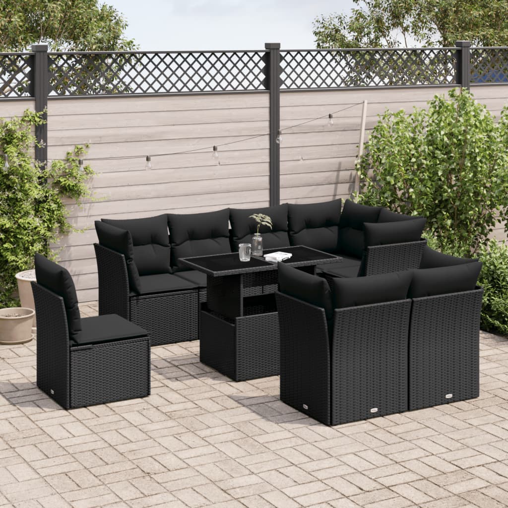 Set Divani da Giardino 9 pz con Cuscini Nero in Polyrattan