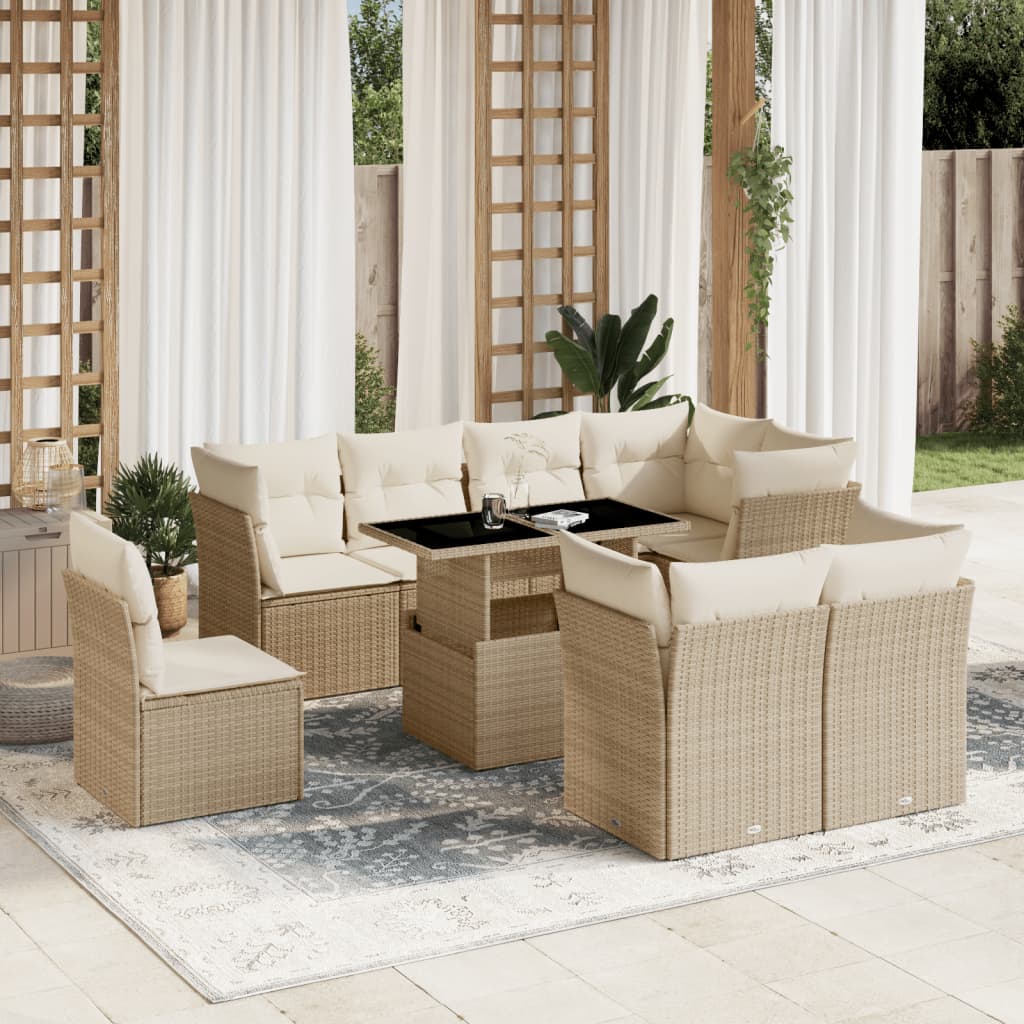 9 pc Garden Sofa Set with Beige Polyrattan Cushions