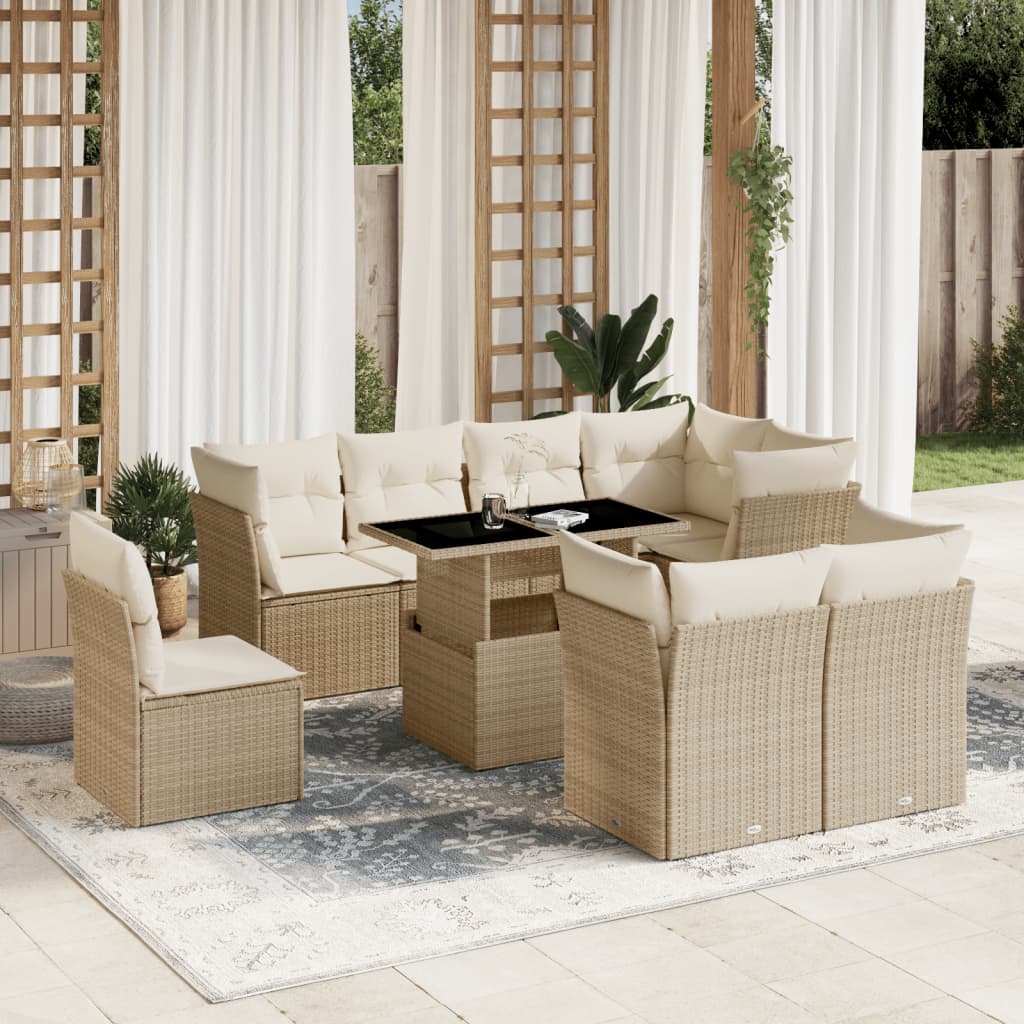 Set Divano da Giardino 9 pz con Cuscini Beige in Polyrattan - homemem39