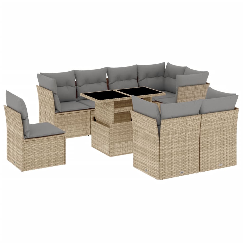 Set Divano da Giardino 9 pz con Cuscini Beige in Polyrattan - homemem39
