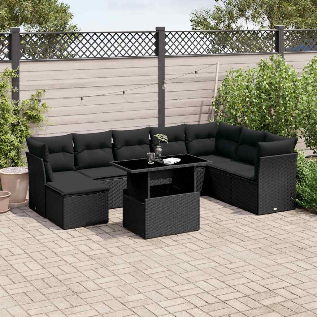 Set Divani da Giardino 9 pz con Cuscini Nero in Polyrattan | homemem39