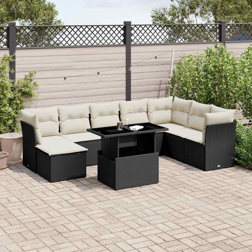 Set Divani da Giardino 9 pz con Cuscini Nero in Polyrattan - homemem39