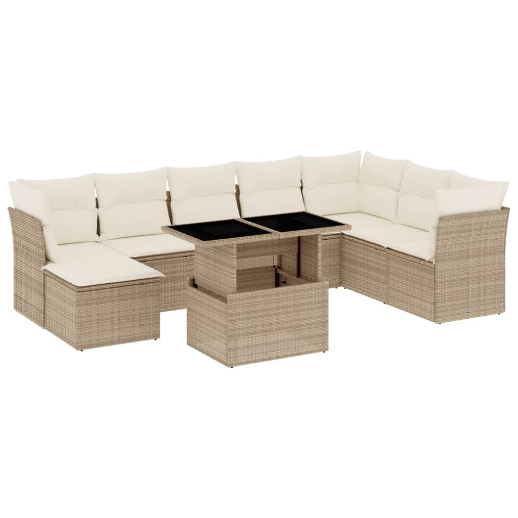 Set Divano da Giardino 9 pz con Cuscini Beige in Polyrattan