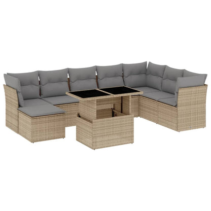 9 pc Garden Sofa Set with Beige Polyrattan Cushions