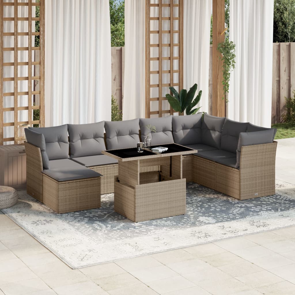 9 pc Garden Sofa Set with Beige Polyrattan Cushions