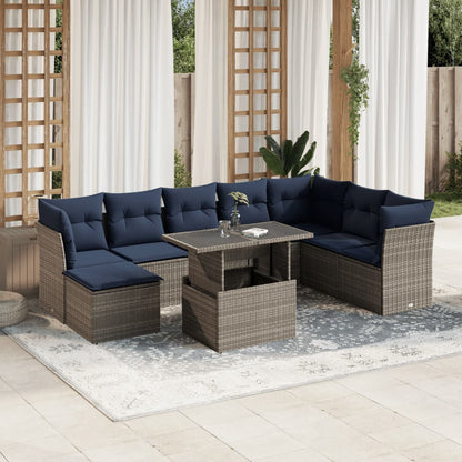 Set Divani da Giardino 9 pz con Cuscini Grigio in Polyrattan | homemem39