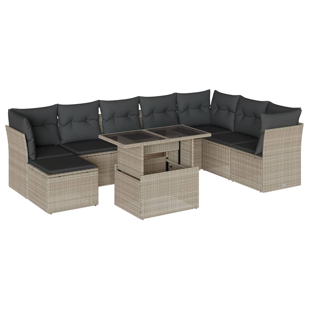 Set Divano da Giardino 9pz con Cuscini Grigio Chiaro Polyrattan - homemem39