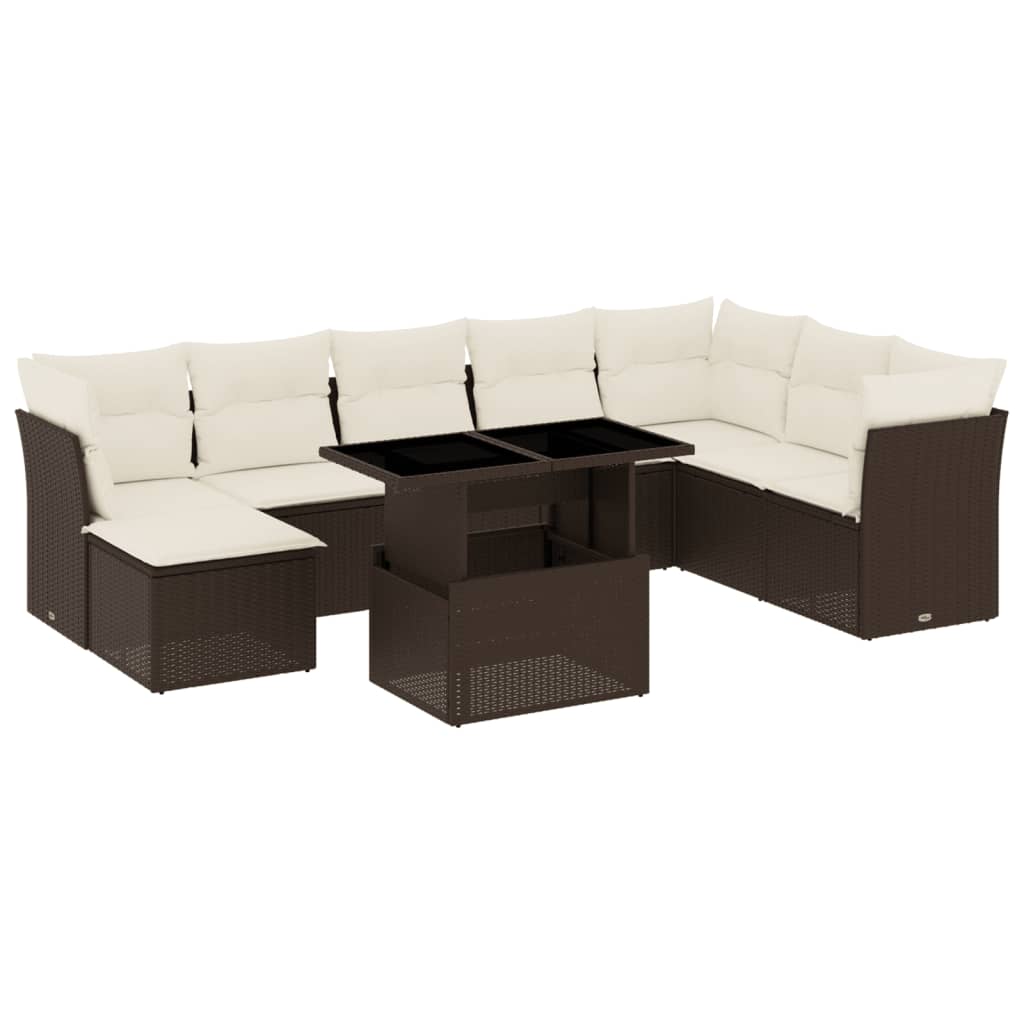 Set Divani da Giardino 9pz con Cuscini Marrone in Polyrattan