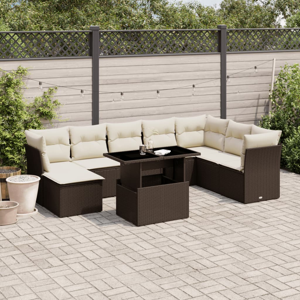 Set Divani da Giardino 9pz con Cuscini Marrone in Polyrattan - homemem39