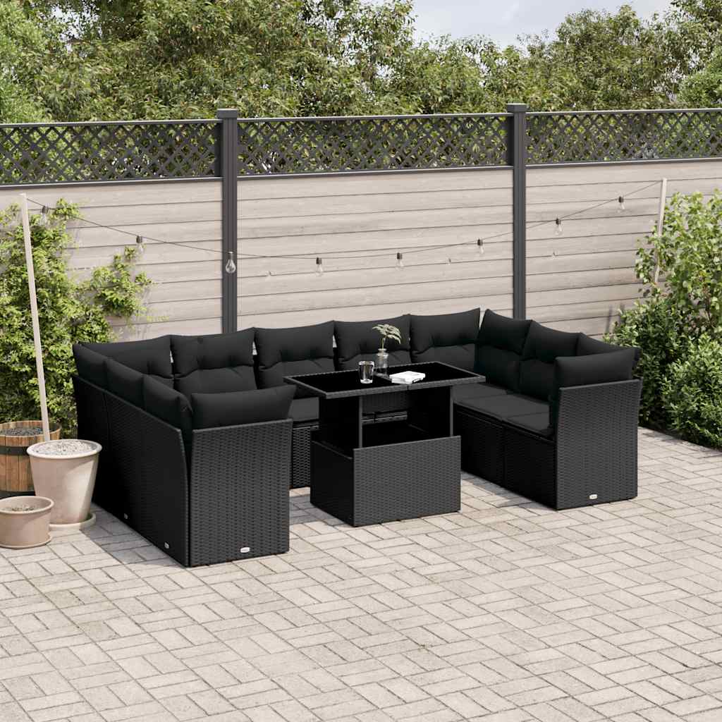 Set Divani da Giardino 10pz con Cuscini in Polyrattan Nero - homemem39