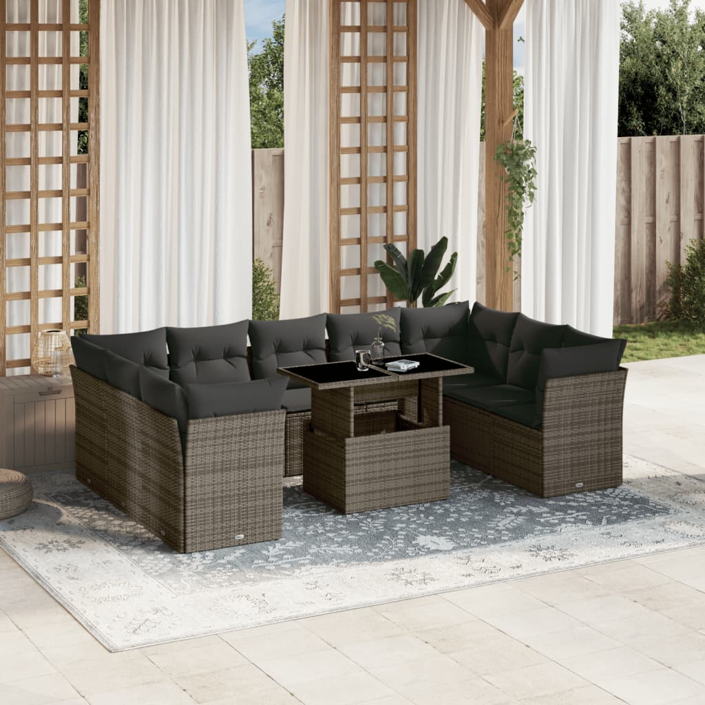 Set Divano da Giardino 10 pz con Cuscini Grigio in Polyrattan - homemem39