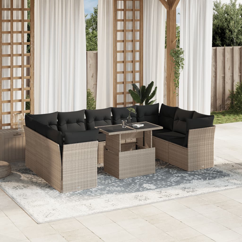 Set Divano Giardino 10 pz con Cuscini Grigio Chiaro Polyrattan - homemem39