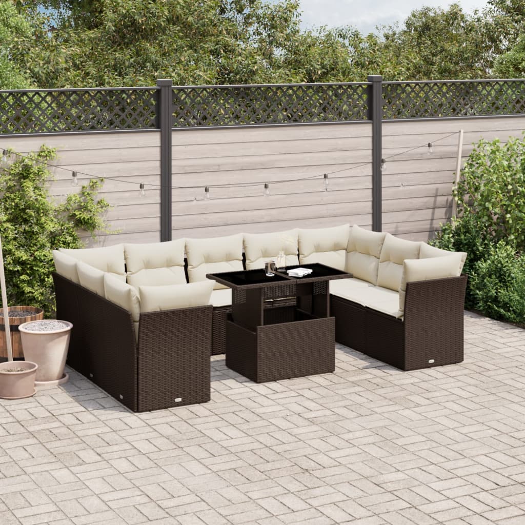 Set Divani da Giardino 10pz con Cuscini in Polyrattan Marrone - homemem39
