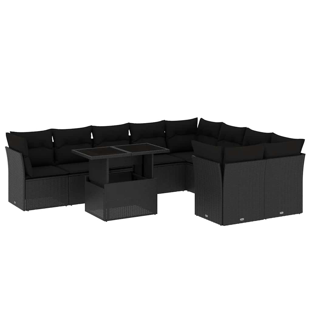 Set Divani da Giardino 10pz con Cuscini in Polyrattan Nero