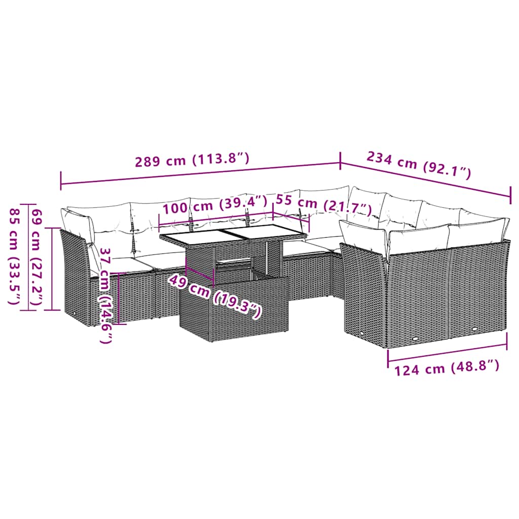Set Divani da Giardino 10pz con Cuscini in Polyrattan Nero - homemem39
