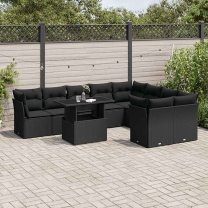 Set Divani da Giardino 10pz con Cuscini in Polyrattan Nero