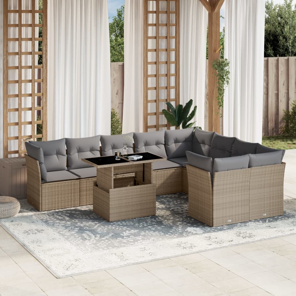 10 pc Garden Sofa Set with Beige Polyrattan Cushions