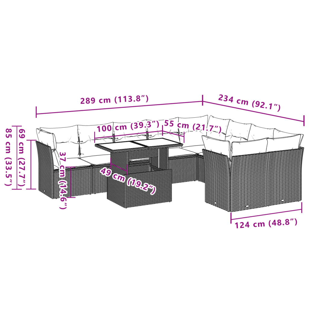 Set Divano da Giardino 10 pz con Cuscini Grigio in Polyrattan | homemem39