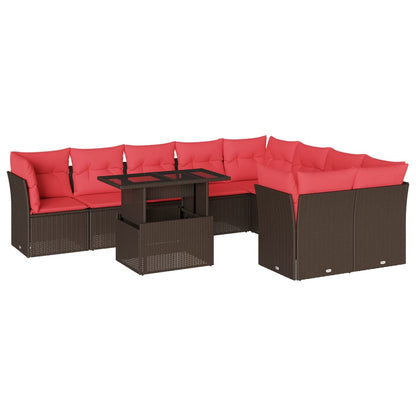 Set Divani da Giardino 10 pz con Cuscini Marrone in Polyrattan