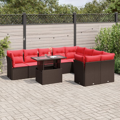 Set Divani da Giardino 10 pz con Cuscini Marrone in Polyrattan