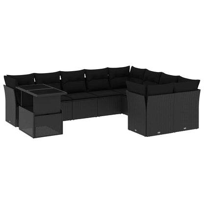 Set Divani da Giardino 10pz con Cuscini in Polyrattan Nero