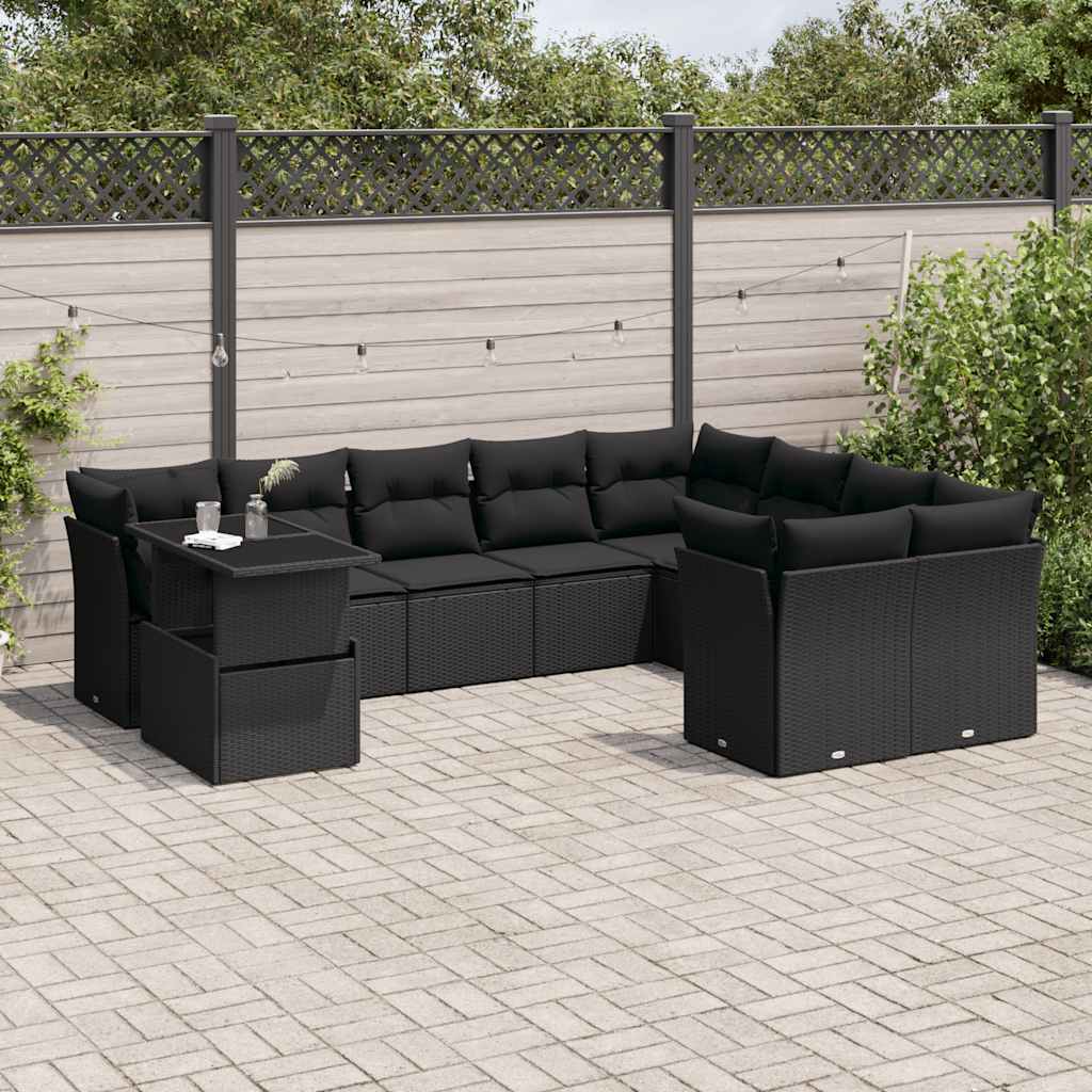 Set Divani da Giardino 10pz con Cuscini in Polyrattan Nero - homemem39