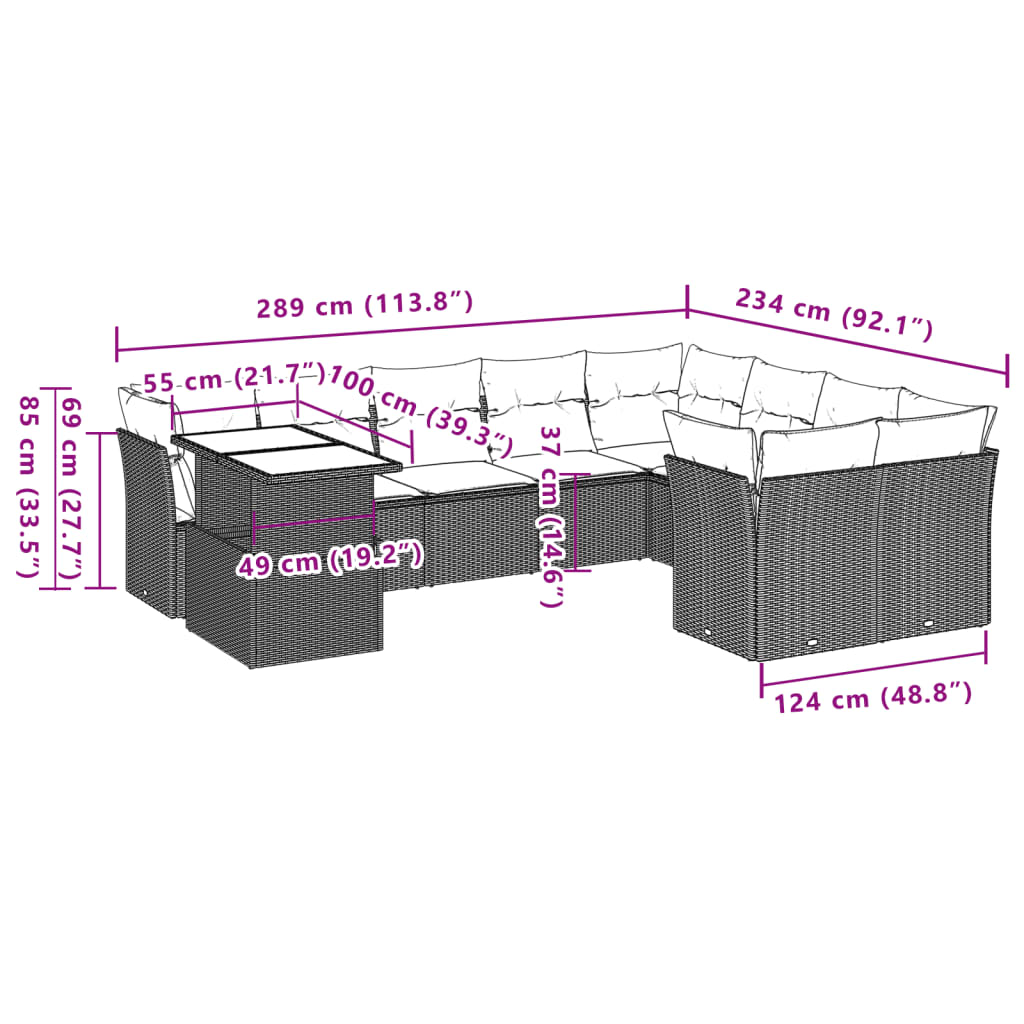 Set Divano da Giardino 10 pz con Cuscini Grigio in Polyrattan | homemem39