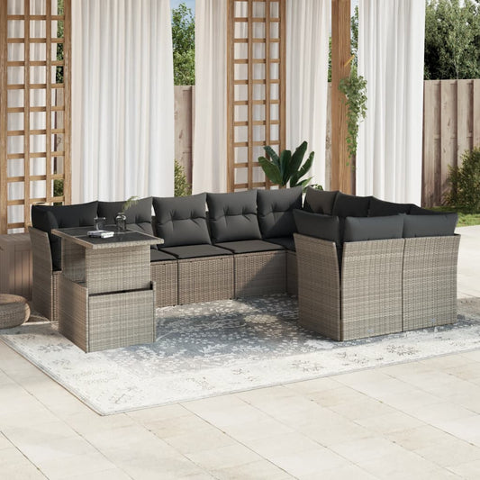 Set Divano Giardino 10 pz con Cuscini Grigio Chiaro Polyrattan - homemem39