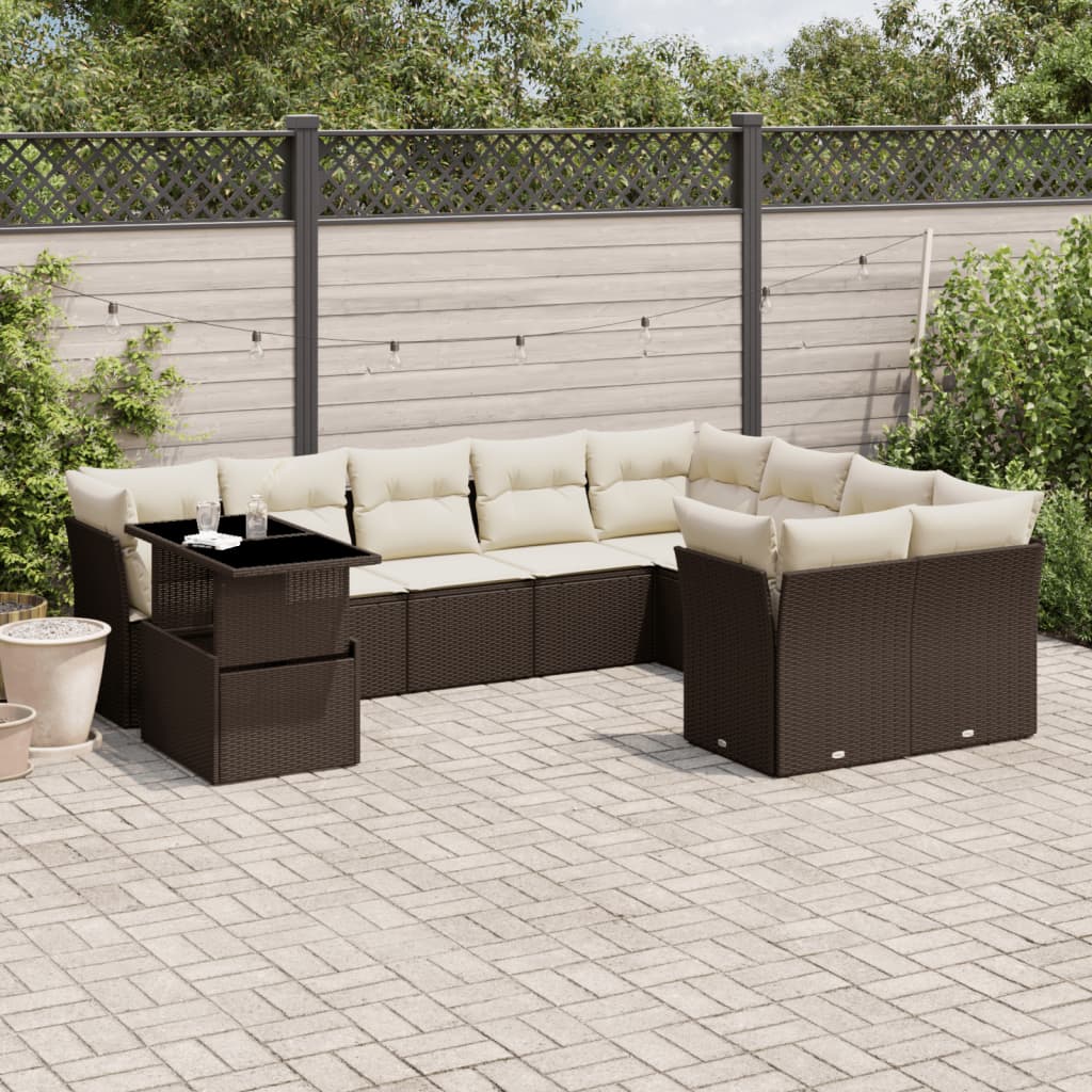 Set Divani da Giardino 10pz con Cuscini in Polyrattan Marrone - homemem39