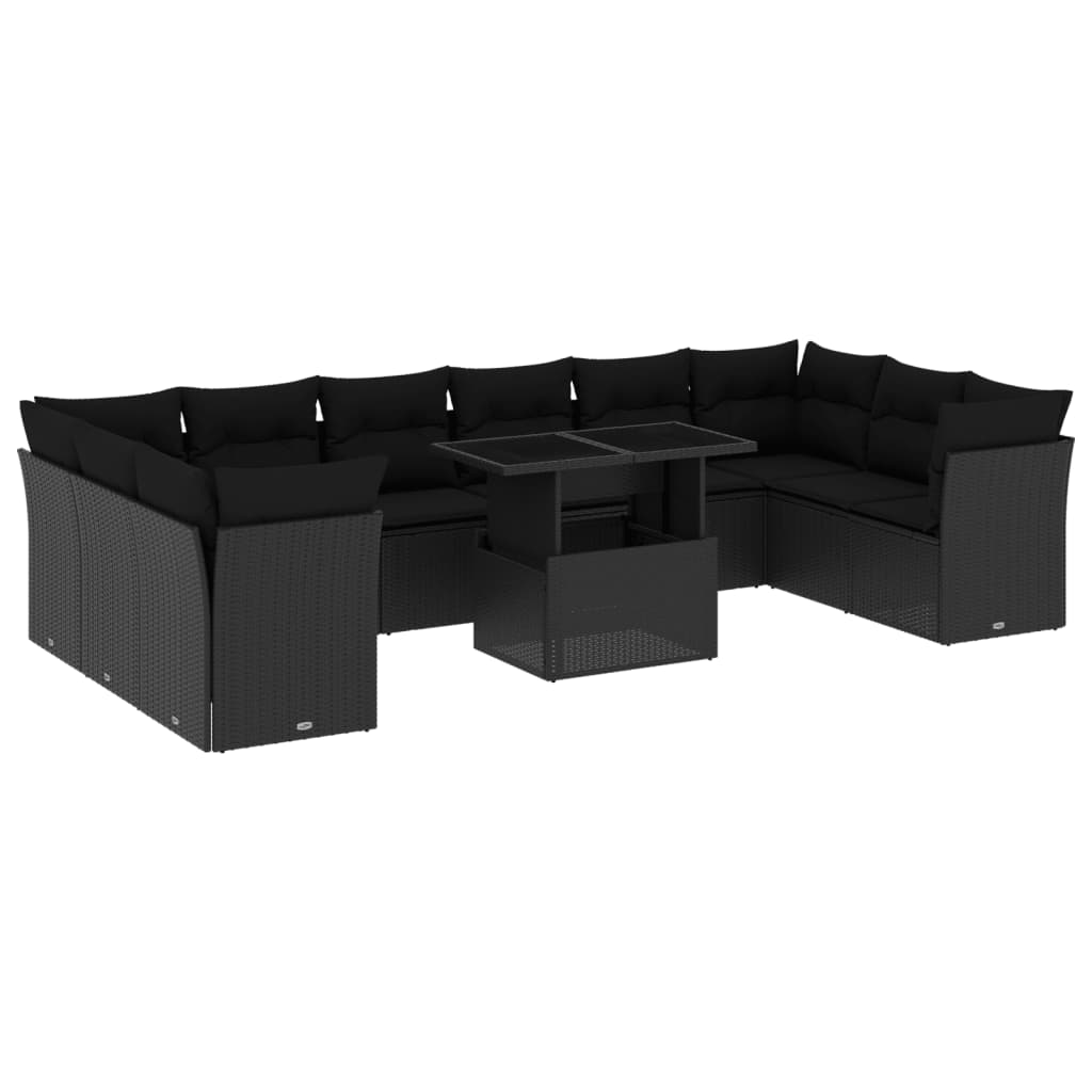 Set Divani da Giardino 11 pz con Cuscini in Polyrattan Nero