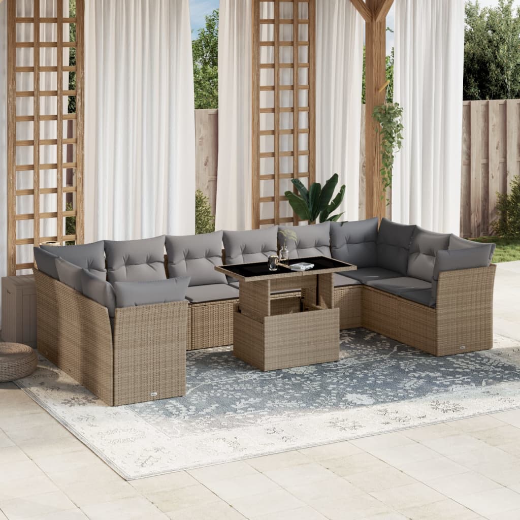 Set Divani da Giardino 11 pz con Cuscini Beige in Polyrattan - homemem39