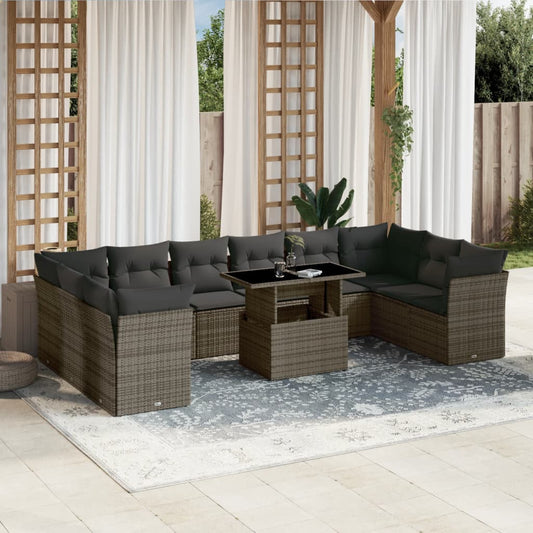 Set Divani da Giardino 11 pz con Cuscini in Polyrattan Grigio - homemem39