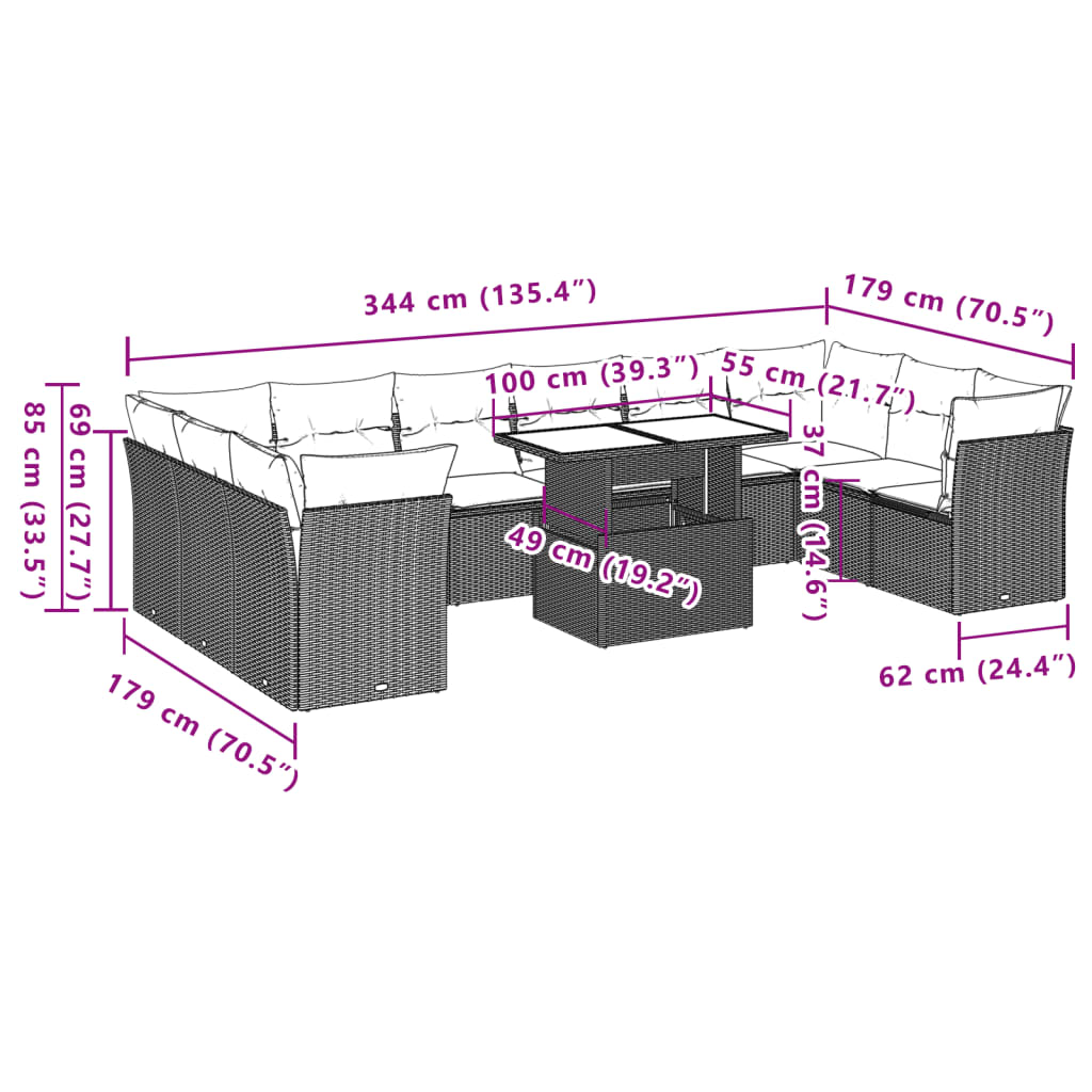 Set Divani da Giardino 11 pz con Cuscini Marrone in Polyrattan