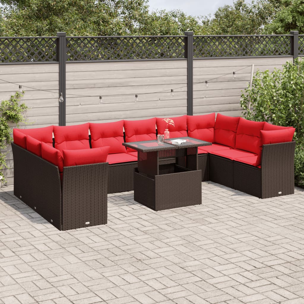 Set Divani da Giardino 11 pz con Cuscini Marrone in Polyrattan