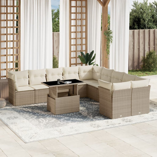 11 pc Garden Sofa Set with Beige Polyrattan Cushions