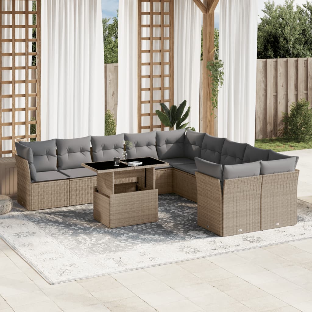 11 pc Garden Sofa Set with Beige Polyrattan Cushions