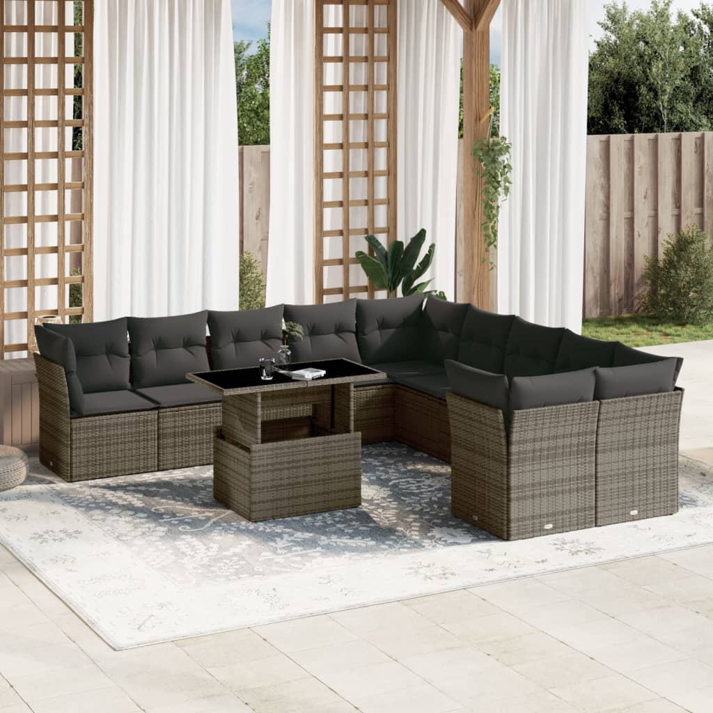 Set Divani da Giardino 11 pz con Cuscini in Polyrattan Grigio - homemem39