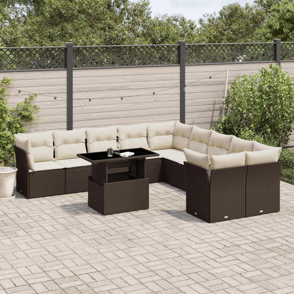 11 pc Garden Sofa Set with Brown Polyrattan Cushions