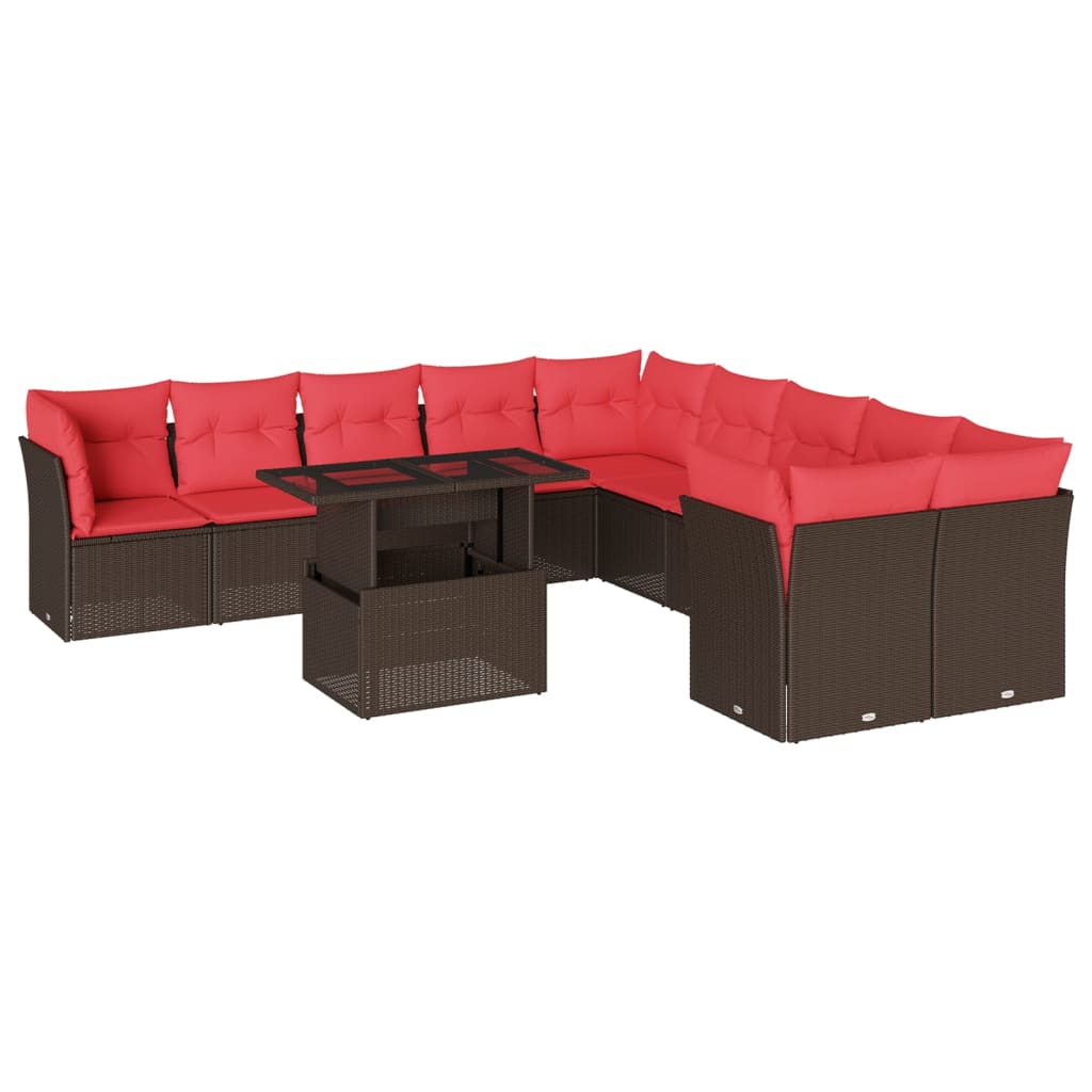 Set Divani da Giardino 11 pz con Cuscini Marrone in Polyrattan