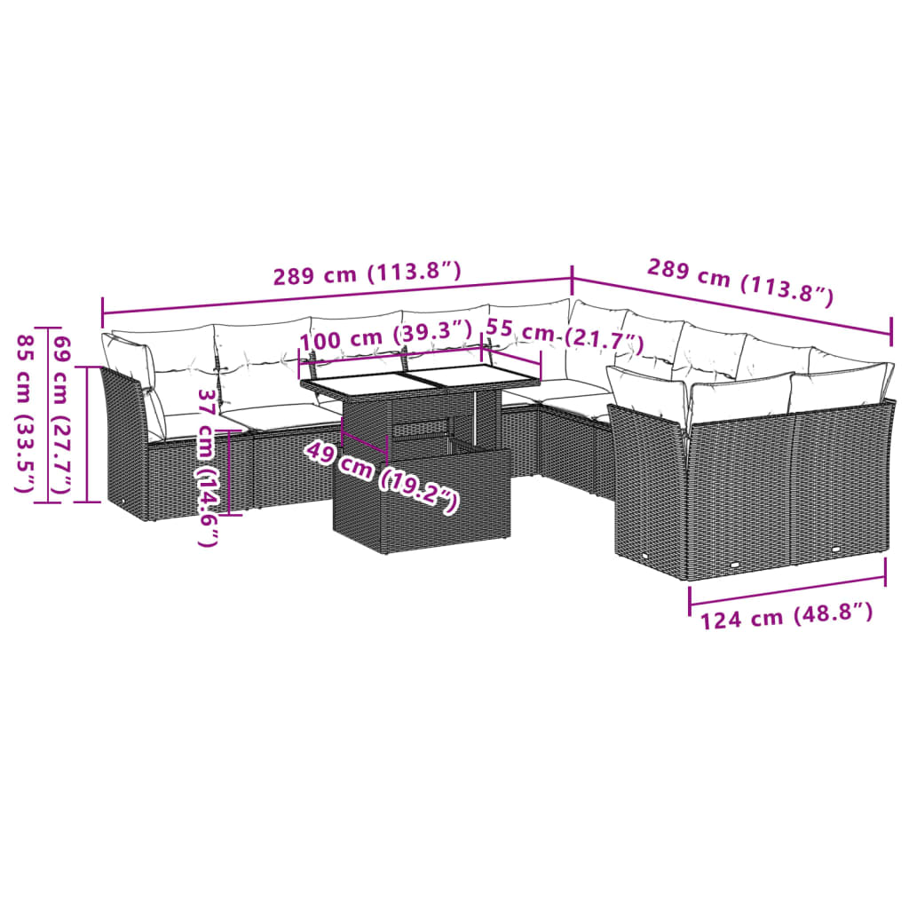 Set Divani da Giardino 11 pz con Cuscini Marrone in Polyrattan