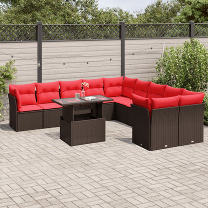 Set Divani da Giardino 11 pz con Cuscini Marrone in Polyrattan
