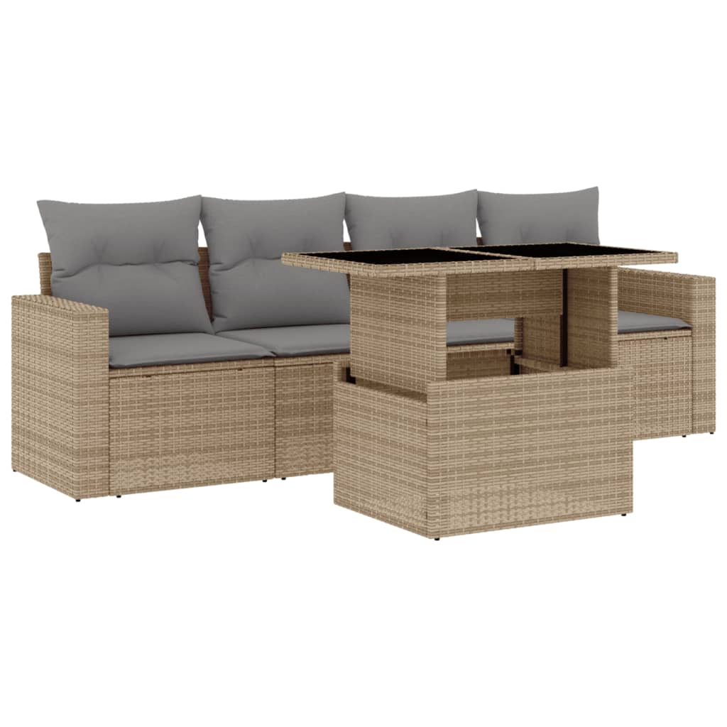 Set Divano da Giardino 5 pz con Cuscini Beige in Polyrattan - homemem39