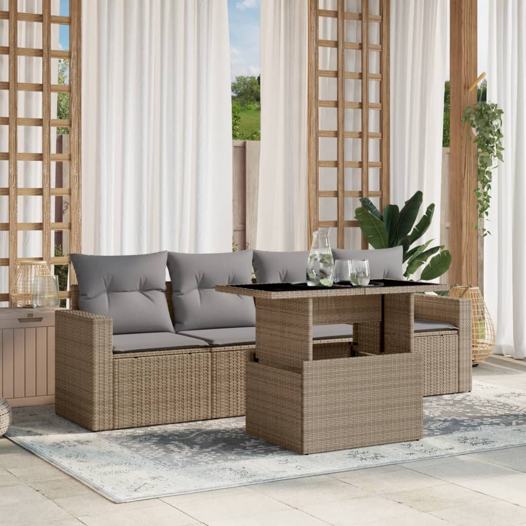 Set Divano da Giardino 5 pz con Cuscini Beige in Polyrattan - homemem39