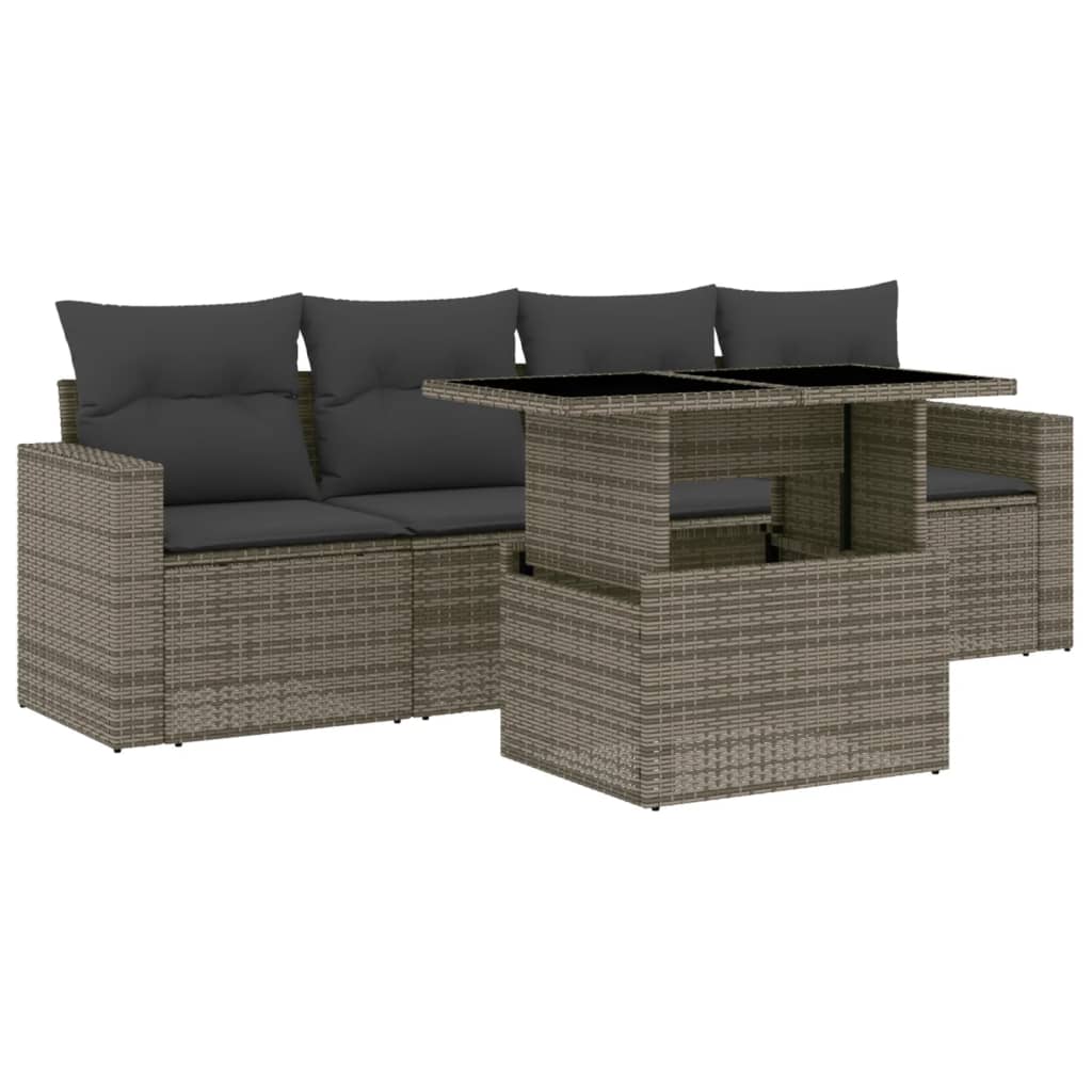 Set Divano da Giardino 5 pz con Cuscini Grigio in Polyrattan