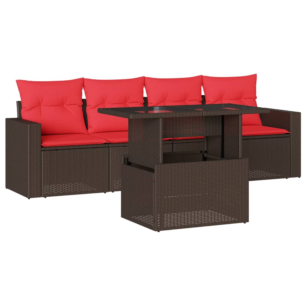 Set Divani da Giardino 5 pz con Cuscini Marrone in Polyrattan
