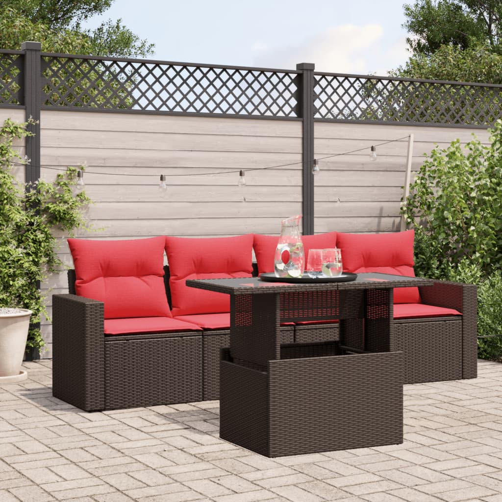 Set Divani da Giardino 5 pz con Cuscini Marrone in Polyrattan