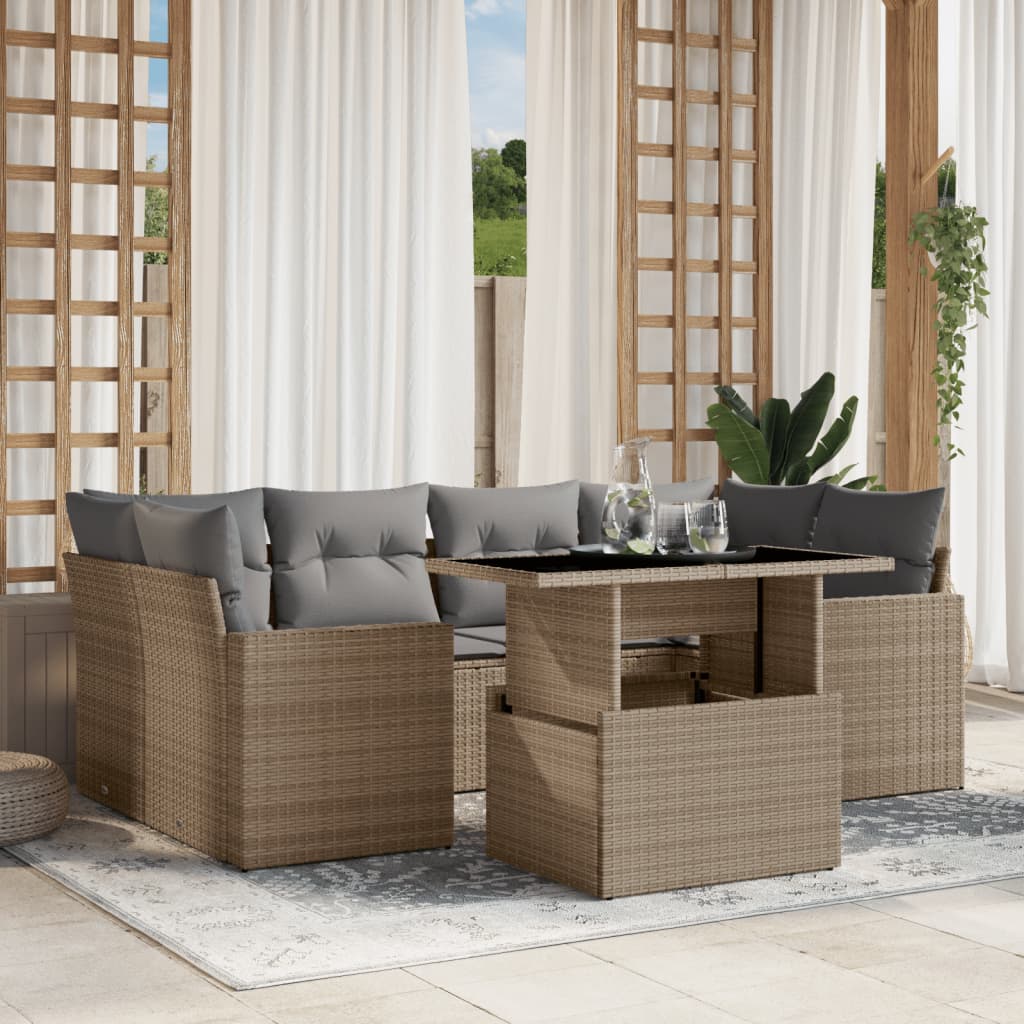 Set Divani da Giardino 7 pz con Cuscini Beige in Polyrattan - homemem39