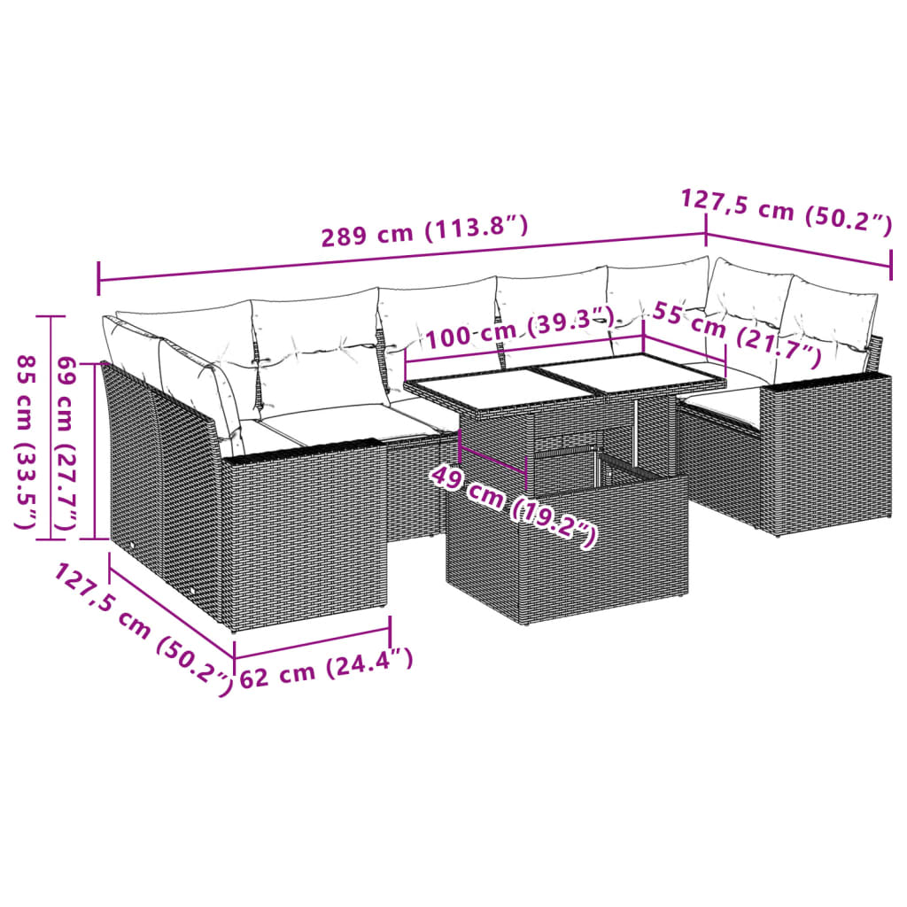 Set Divani da Giardino 8 pz con Cuscini Marrone in Polyrattan