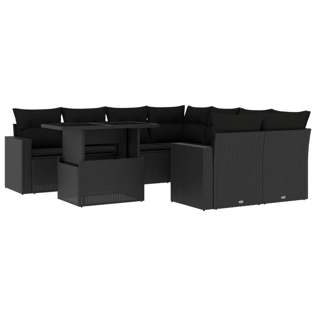 Set Divani da Giardino 9 pz con Cuscini Nero in Polyrattan