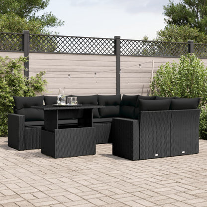 Set Divani da Giardino 9 pz con Cuscini Nero in Polyrattan